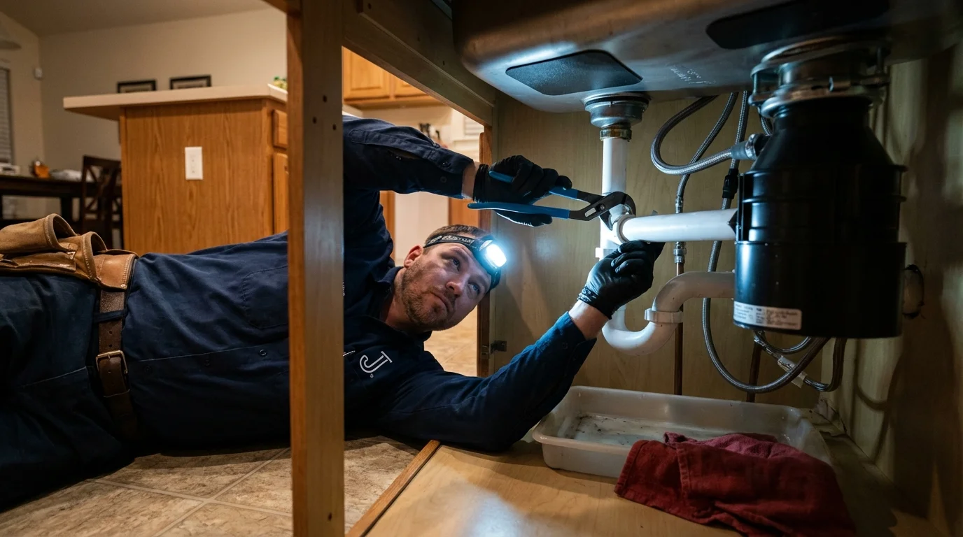 P-trap and supply line connections under a kitchen sink showing a common leak point in Stanley, NC